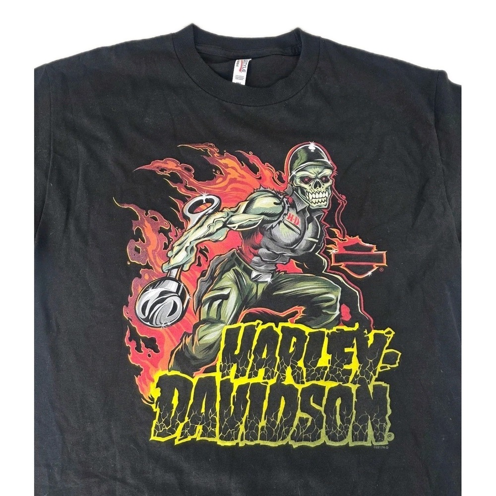 Harley Davidson Mens M Black Graphic T-Shirt Skeleton Mechanic Flame 2017 Biker